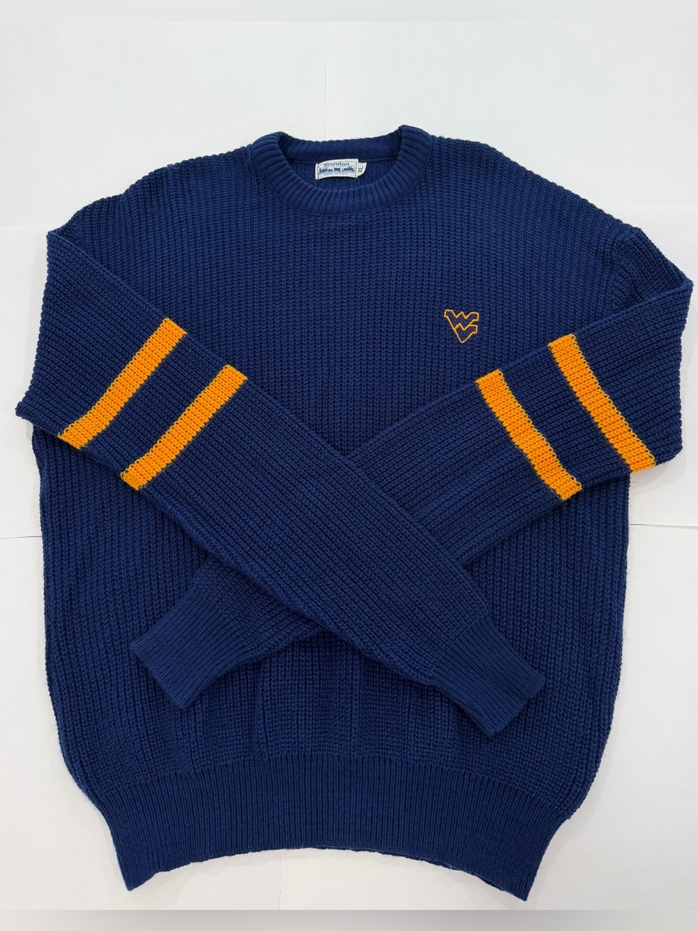VNTG Brandon WEST VIRGINIA MOUNTAINEERS WVU Navy Gold Varsity Knit Sweater (XL)